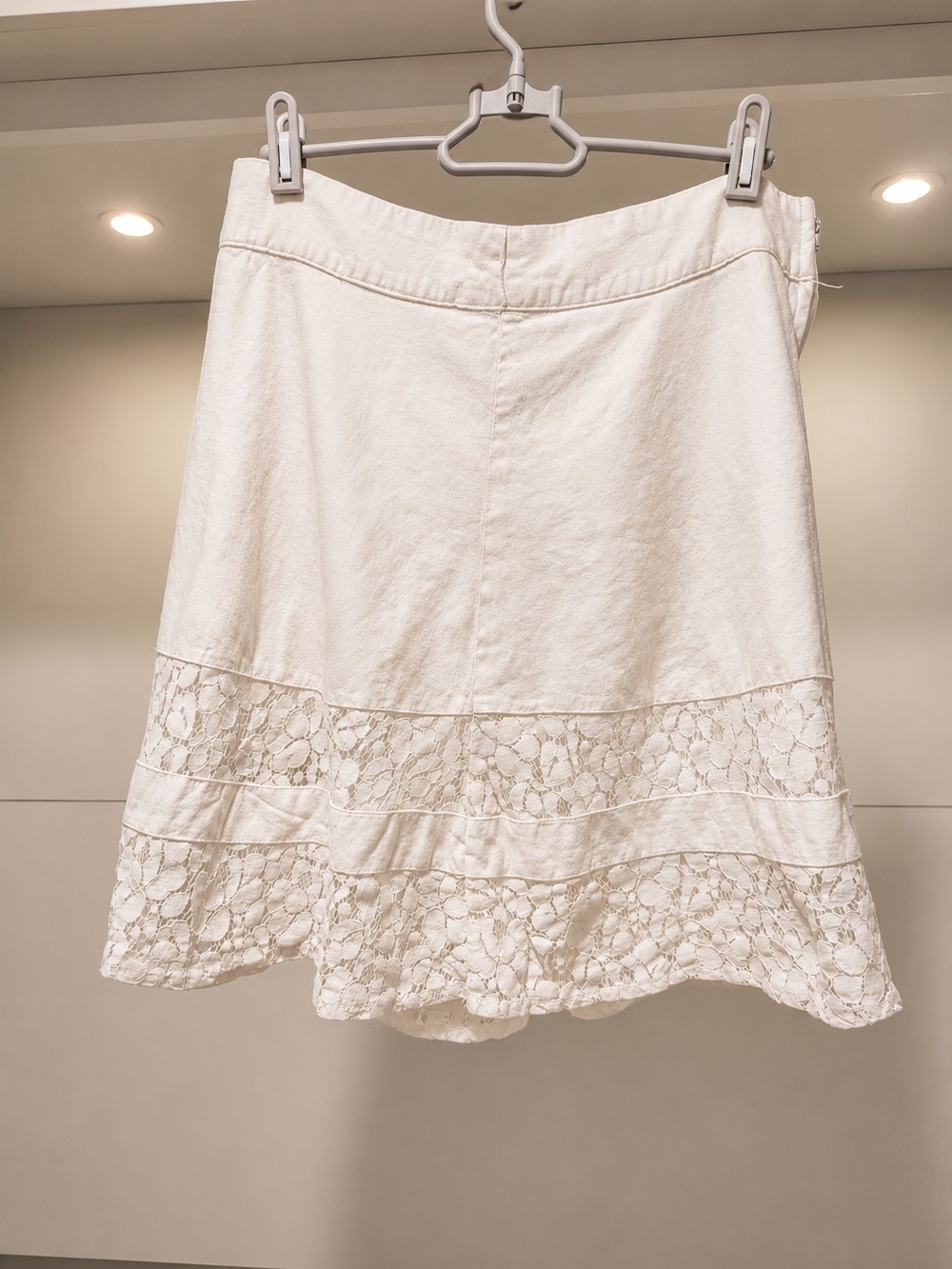 Linen Blend A-Line Skirt Floral Lace Inset Belt Loops